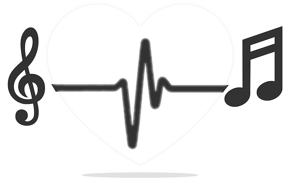Ein Herz mit Herzschlag zwischen einem Notenschlüssel und einem Notensymbol